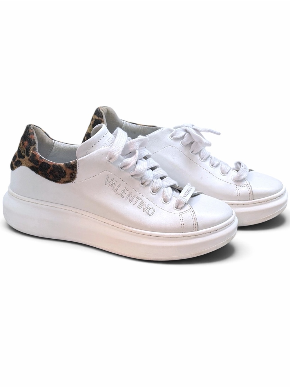 Valentino By Mario Valentino Fresia White Leather Leopard Platform Sneakers 7.5